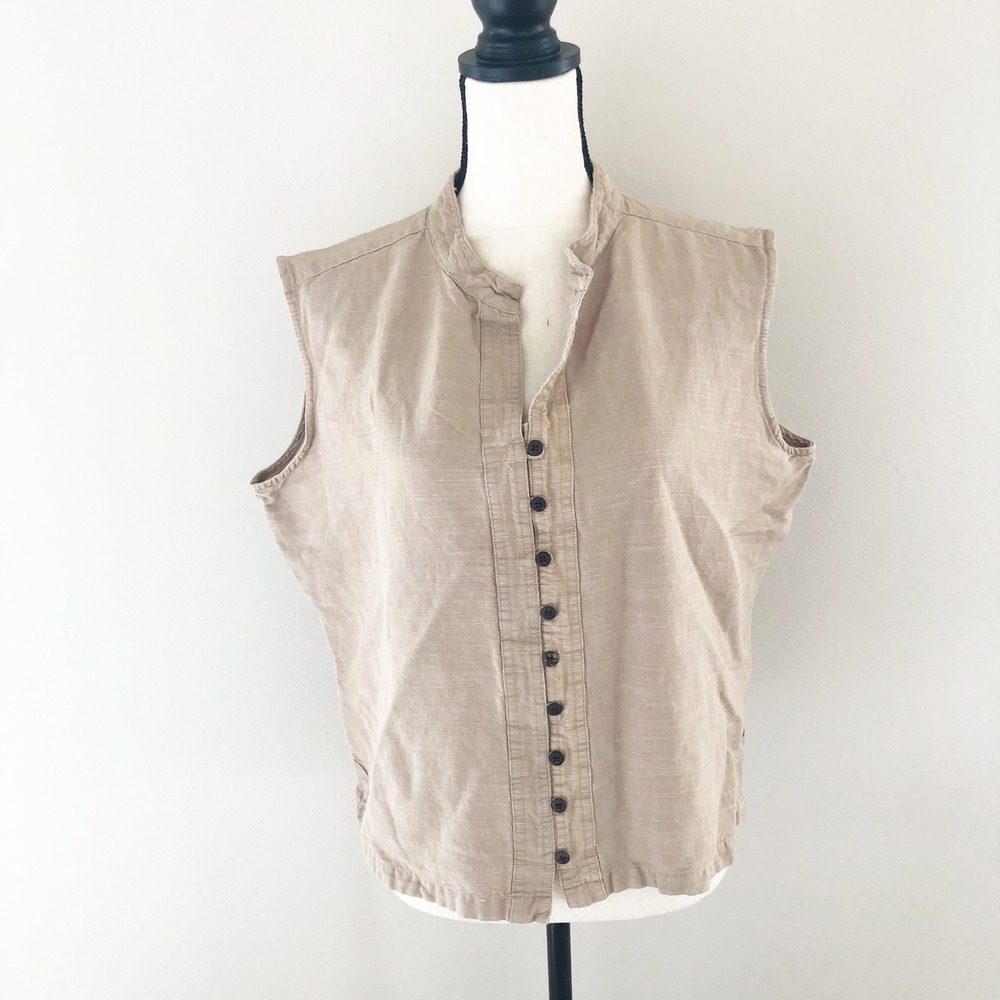 KAVU Top Womens XL Tan Bamboo Viscose Sleeveless Mandarin Collar Button Blouse